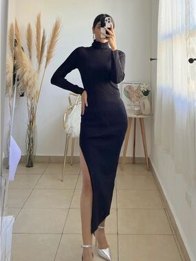 Black Ribbed Turtleneck Long Sleeve Dress